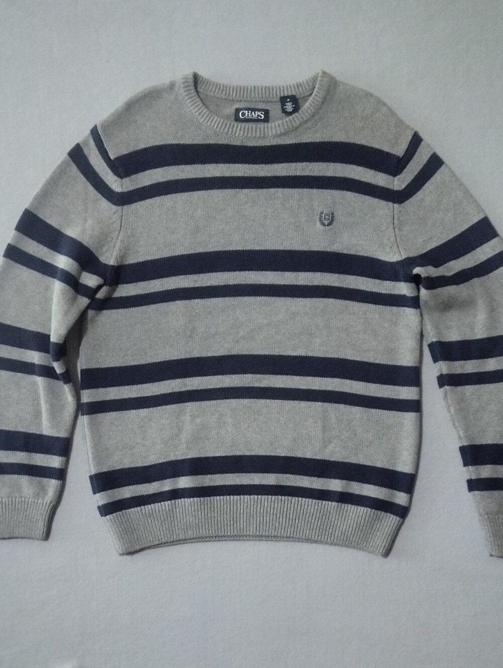 Chaps Original Crewneck Sweater Grey Navy Cotton Knit Long Sleeve Medium Mens